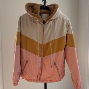 Anthropologie Colorblock Hooded Jacket in Pink, Mustard & Cream